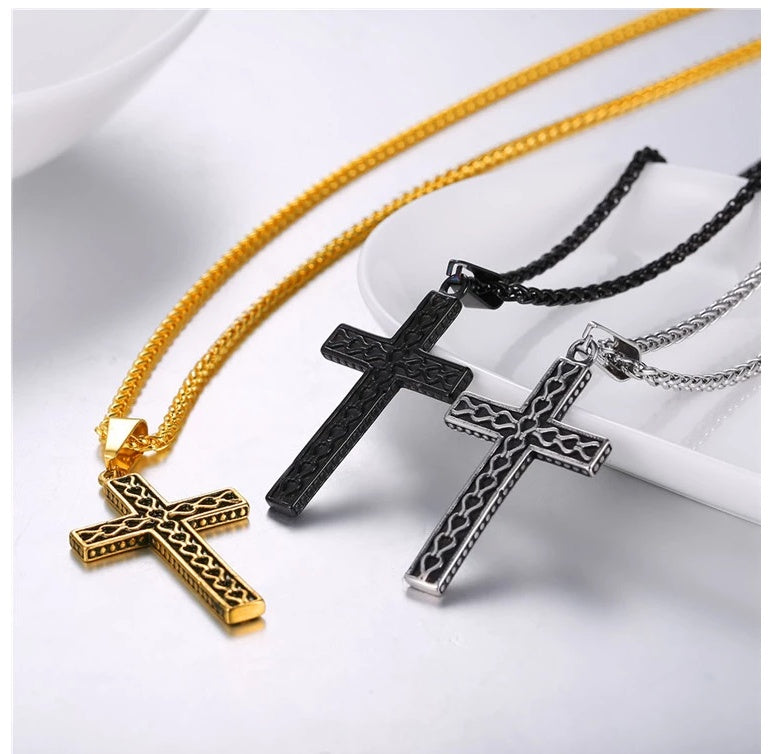  316L不鏽鋼復古十字架項鍊三色展示－金色、黑色、鋼色 | 316L stainless steel vintage cross necklace in gold, black and steel color