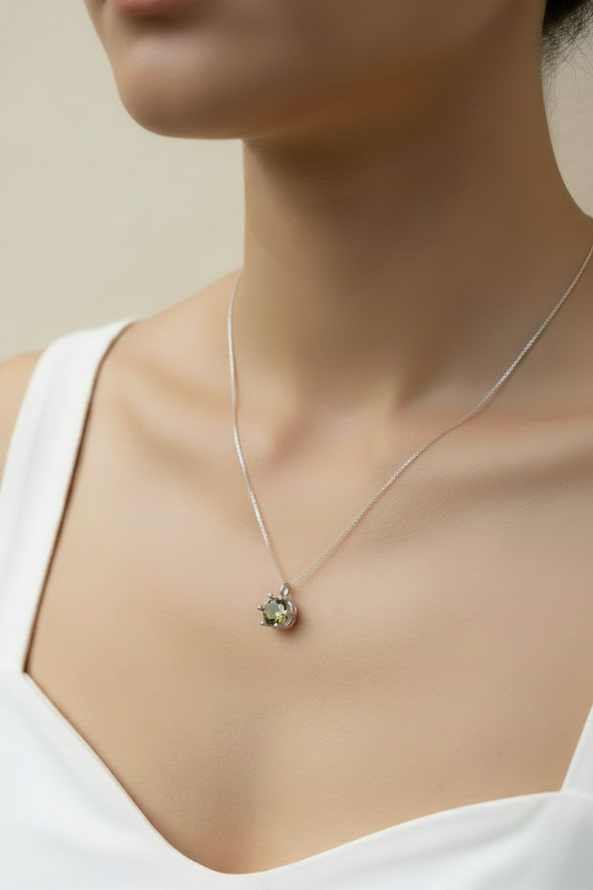 單條綠鑽項鍊鎖骨特寫Single silver necklace with olive green gemstone pendant, collarbone close-up
